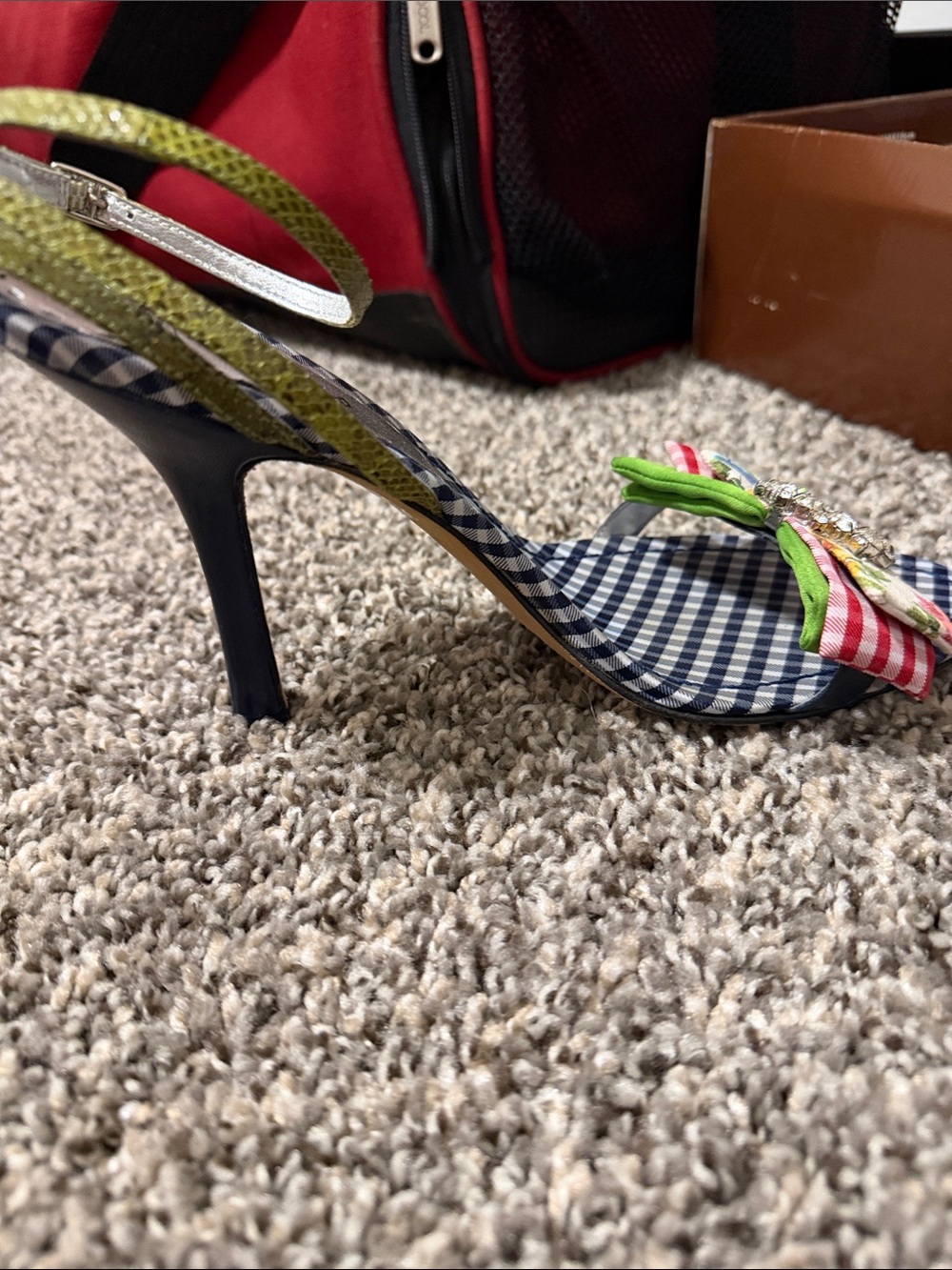 Marciano Navy Gingham Kitten Heel Sandal with Green and Pink Bow